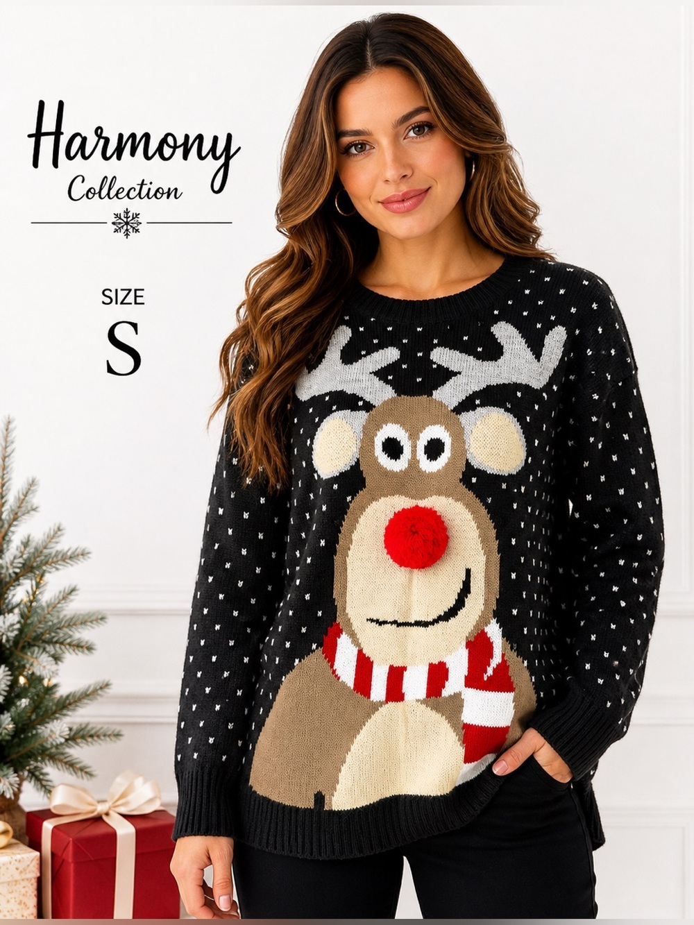 Harmony Collection Reindeer Christmas Sweater Size S 3D Nose Holiday Knit